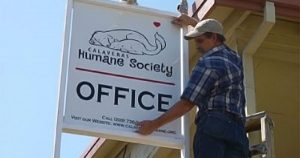 About Calaveras Humane Society - man hanging sign